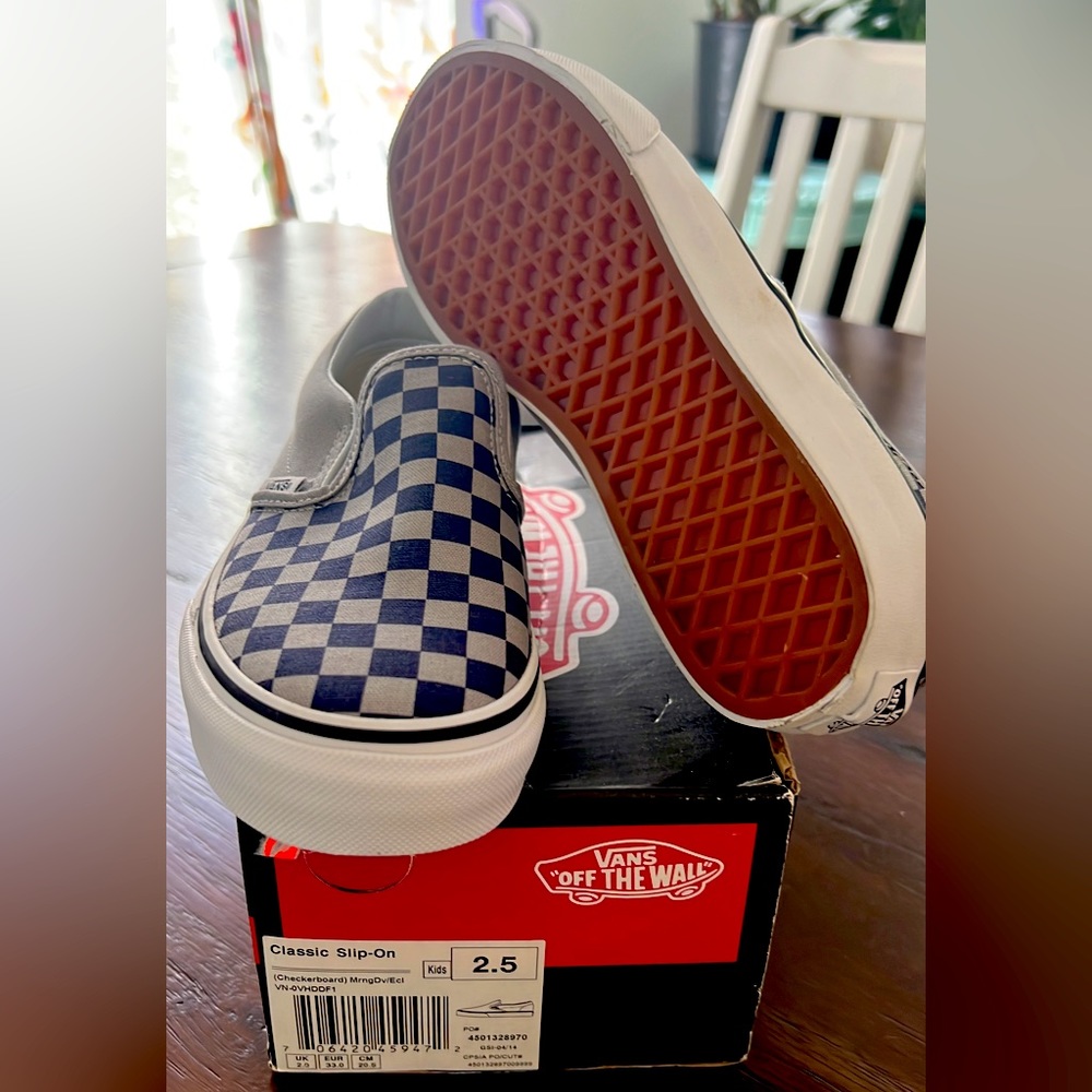 Size 2.5y Grey/Blue Slip-on Checkerboard Vans